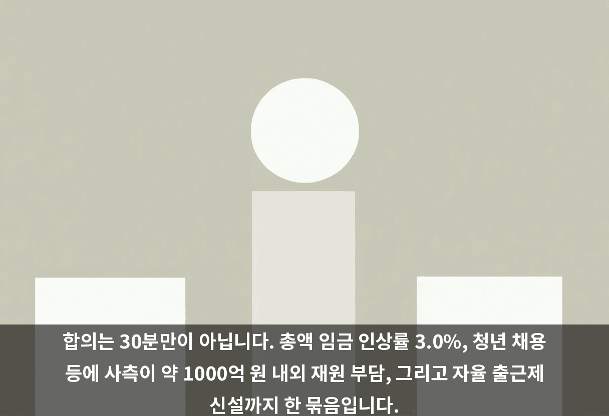 합의는 30분만이 아닙니다. 총액 임금 인상률 3.0%, 청년 채용 등에 사측이 약 1000억 원 내외 재원 부담, 그리고 자율 출근제 신설까지 한 묶음입니다.