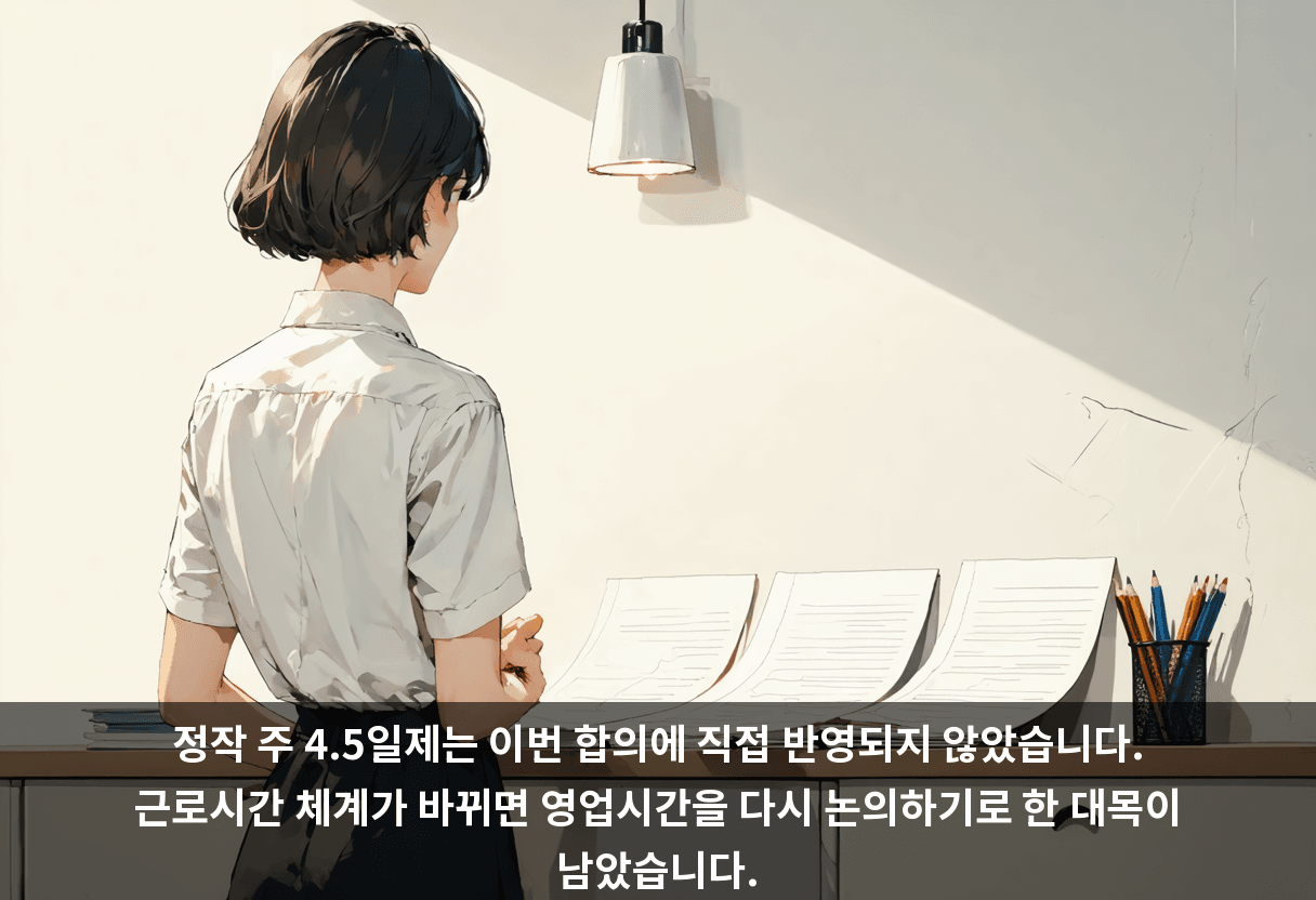 정작 주 4.5일제는 이번 합의에 직접 반영되지 않았습니다. 근로시간 체계가 바뀌면 영업시간을 다시 논의하기로 한 대목이 남았습니다.