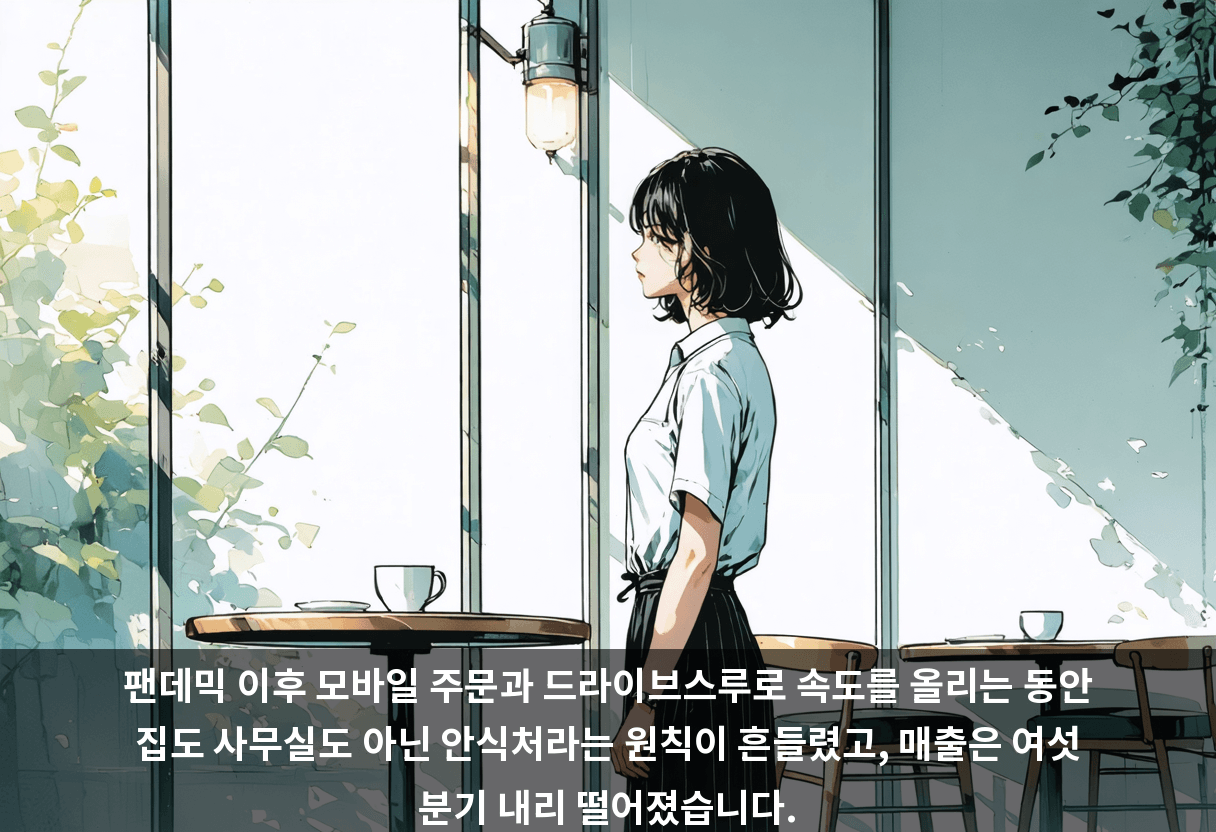 팬데믹 이후 모바일 주문과 드라이브스루로 속도를 올리는 동안 집도 사무실도 아닌 안식처라는 원칙이 흔들렸고, 매출은 여섯 분기 내리 떨어졌습니다.