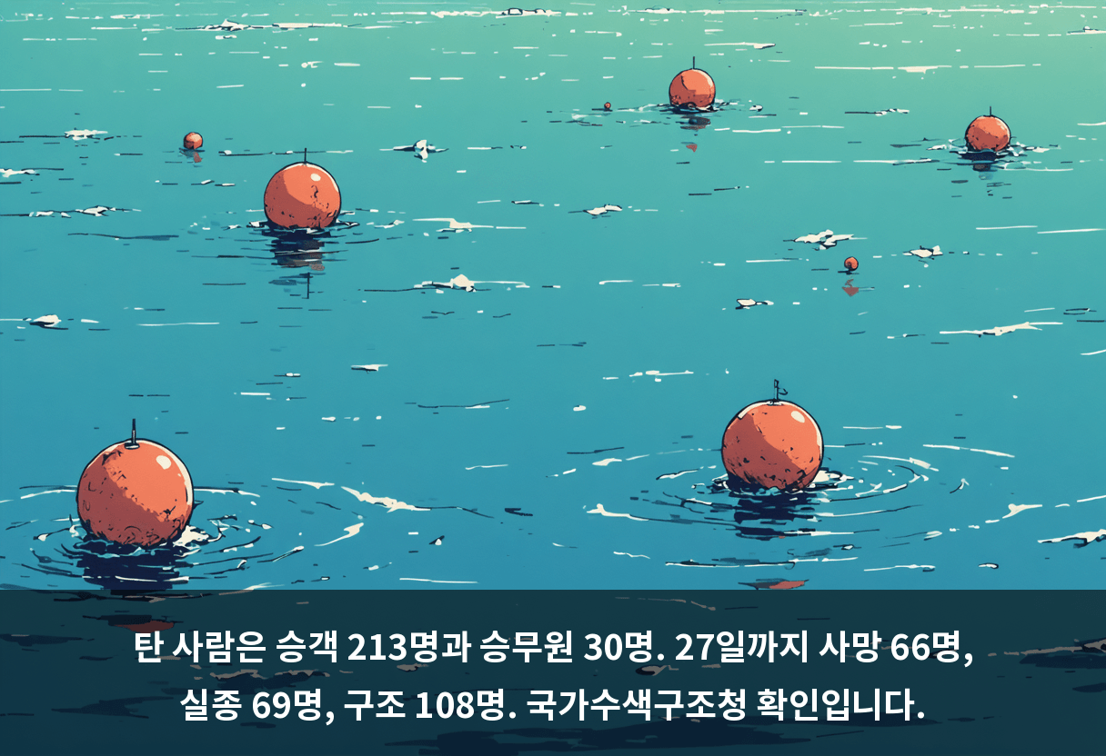 탄 사람은 승객 213명과 승무원 30명. 27일까지 사망 66명, 실종 69명, 구조 108명. 국가수색구조청 확인입니다.