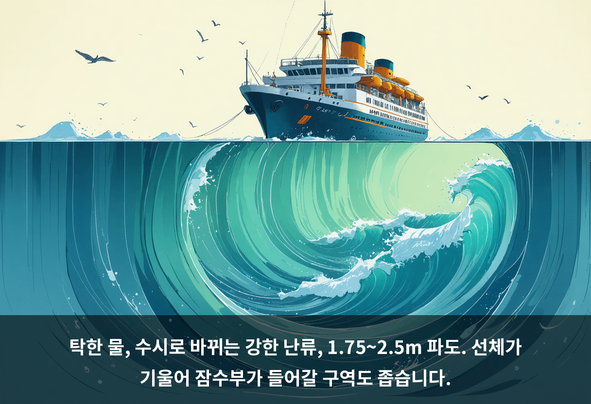 탁한 물, 수시로 바뀌는 강한 난류, 1.75~2.5m 파도. 선체가 기울어 잠수부가 들어갈 구역도 좁습니다.