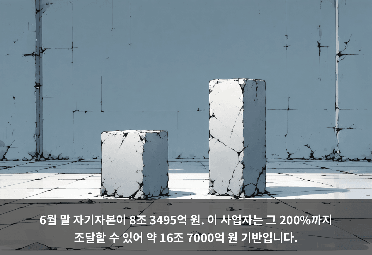 6월 말 자기자본이 8조 3495억 원. 이 사업자는 그 200%까지 조달할 수 있어 약 16조 7000억 원 기반입니다.