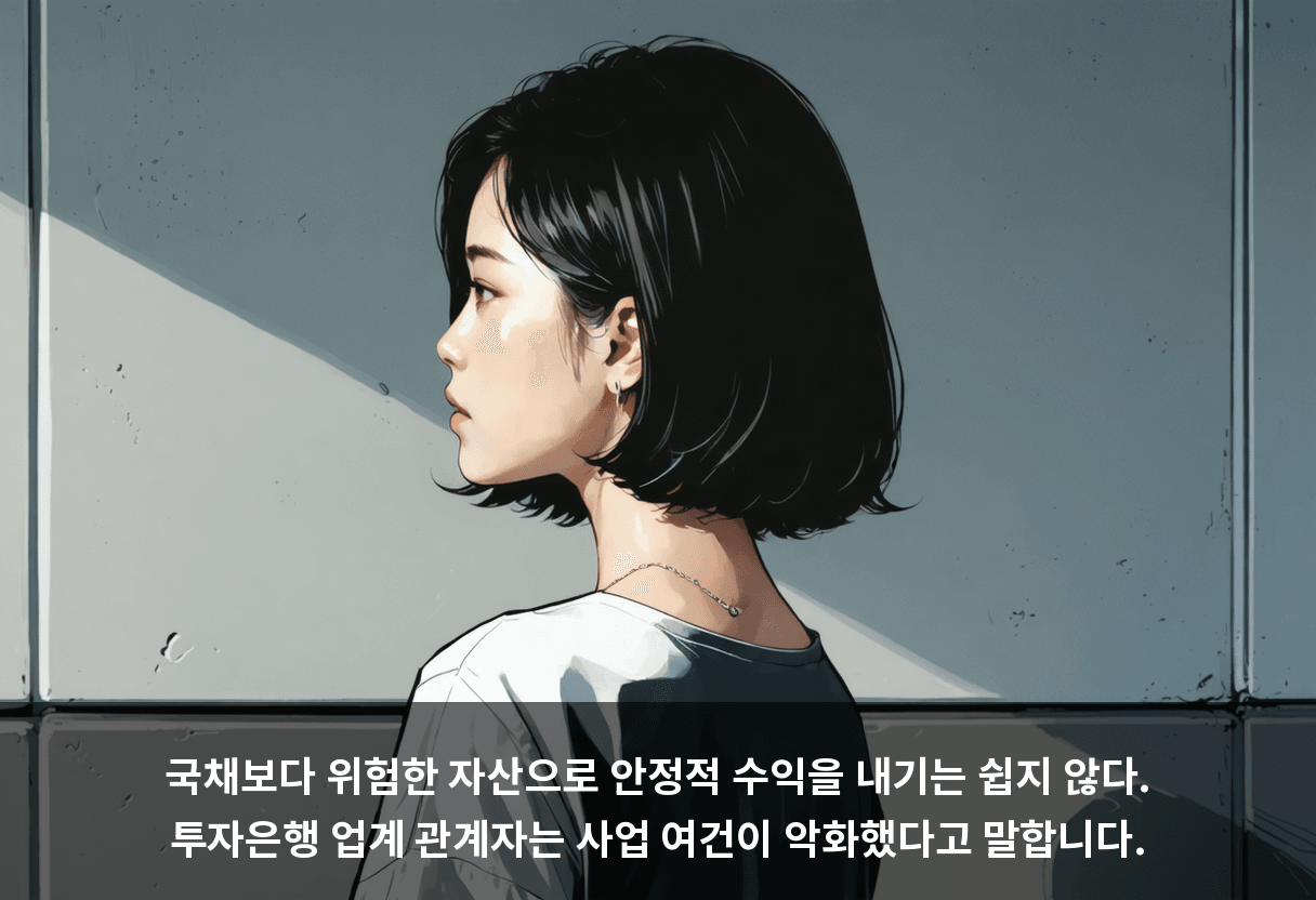 국채보다 위험한 자산으로 안정적 수익을 내기는 쉽지 않다. 투자은행 업계 관계자는 사업 여건이 악화했다고 말합니다.