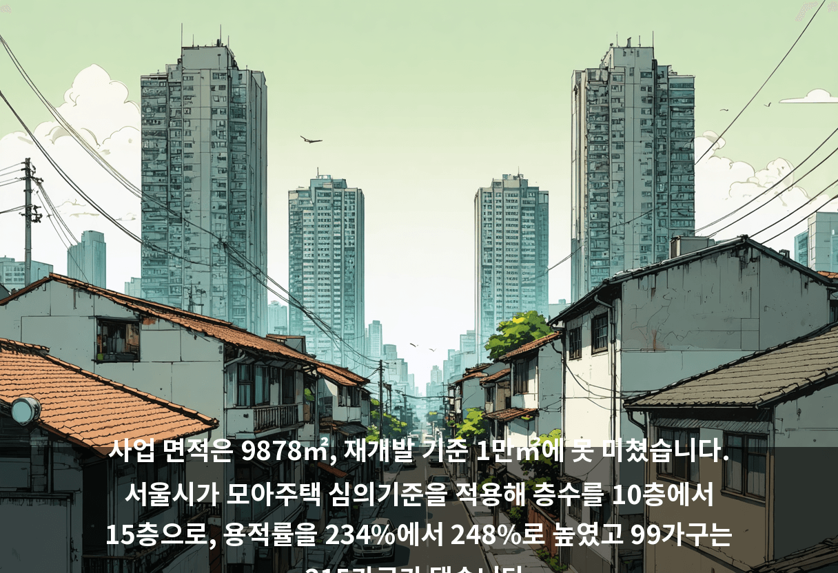 사업 면적은 9878㎡, 재개발 기준 1만㎡에 못 미쳤습니다. 서울시가 모아주택 심의기준을 적용해 층수를 10층에서 15층으로, 용적률을 234%에서 248%로 높였고 99가구는 215가구가 됐습니다.