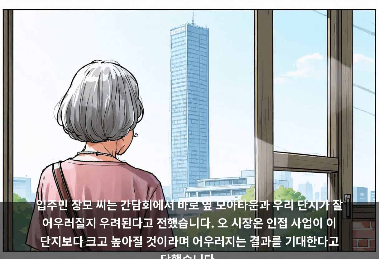 입주민 장모 씨는 간담회에서 바로 옆 모아타운과 우리 단지가 잘 어우러질지 우려된다고 전했습니다. 오 시장은 인접 사업이 이 단지보다 크고 높아질 것이라며 어우러지는 결과를 기대한다고 답했습니다.