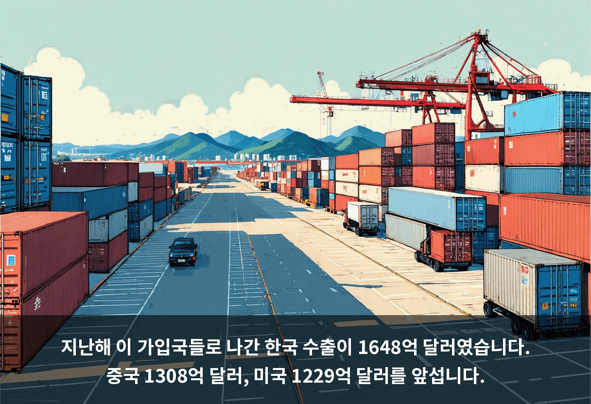 지난해 이 가입국들로 나간 한국 수출이 1648억 달러였습니다. 중국 1308억 달러, 미국 1229억 달러를 앞섭니다.