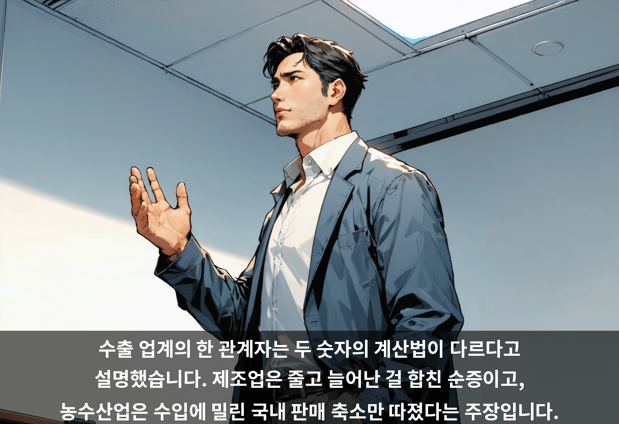수출 업계의 한 관계자는 두 숫자의 계산법이 다르다고 설명했습니다. 제조업은 줄고 늘어난 걸 합친 순증이고, 농수산업은 수입에 밀린 국내 판매 축소만 따졌다는 주장입니다.