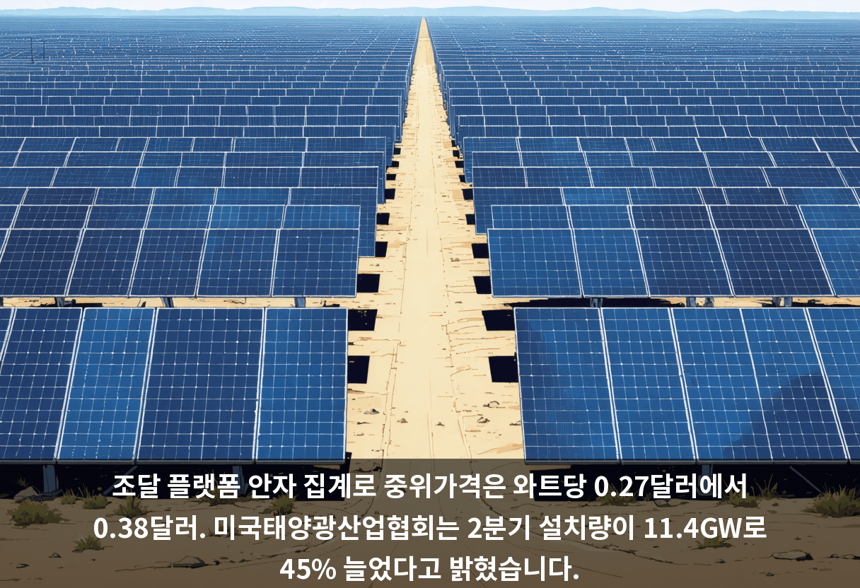 조달 플랫폼 안자 집계로 중위가격은 와트당 0.27달러에서 0.38달러. 미국태양광산업협회는 2분기 설치량이 11.4GW로 45% 늘었다고 밝혔습니다.