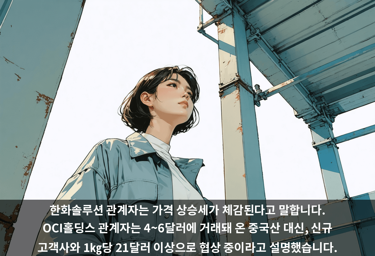 한화솔루션 관계자는 가격 상승세가 체감된다고 말합니다. OCI홀딩스 관계자는 4~6달러에 거래돼 온 중국산 대신, 신규 고객사와 1㎏당 21달러 이상으로 협상 중이라고 설명했습니다.