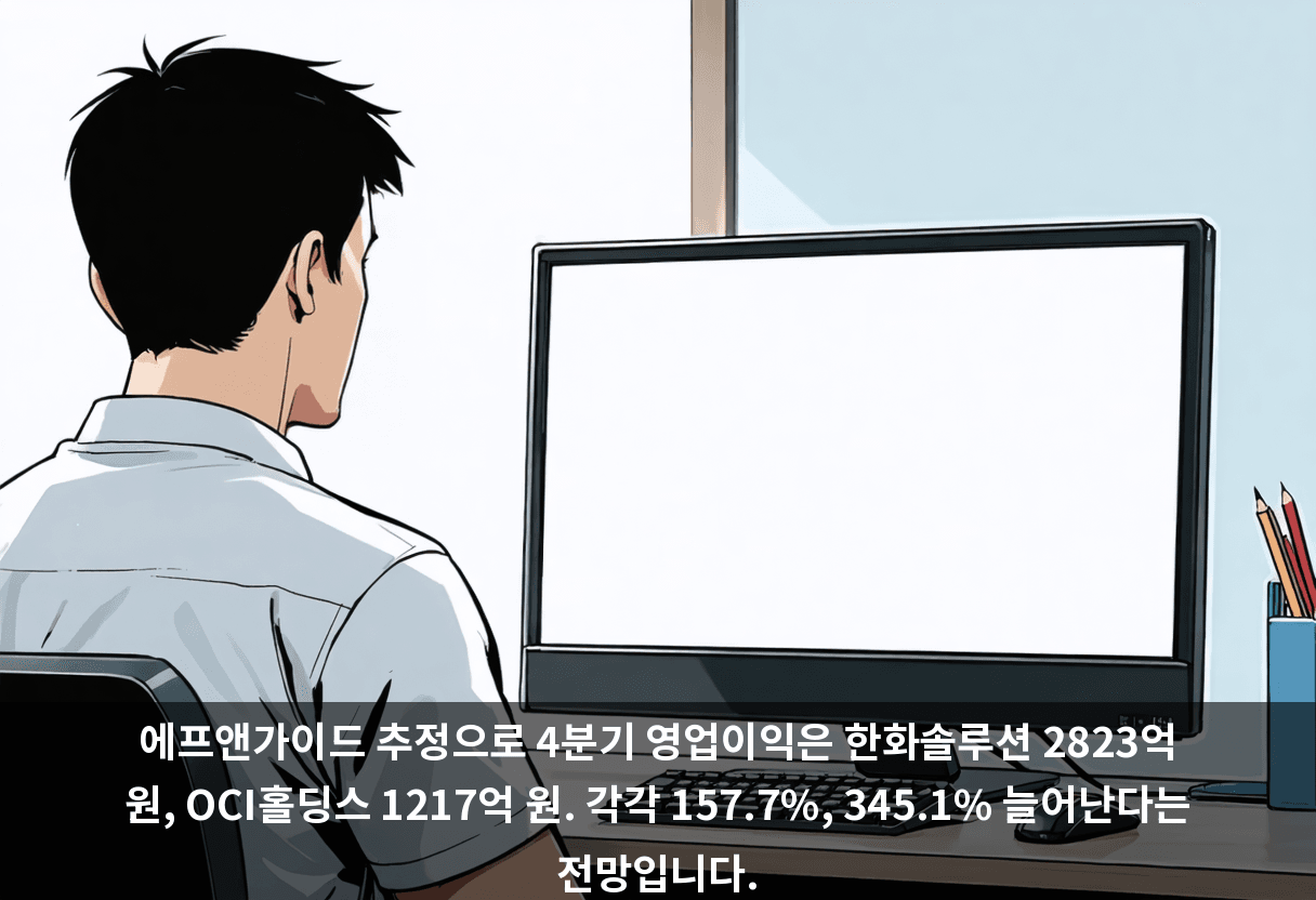 에프앤가이드 추정으로 4분기 영업이익은 한화솔루션 2823억 원, OCI홀딩스 1217억 원. 각각 157.7%, 345.1% 늘어난다는 전망입니다.