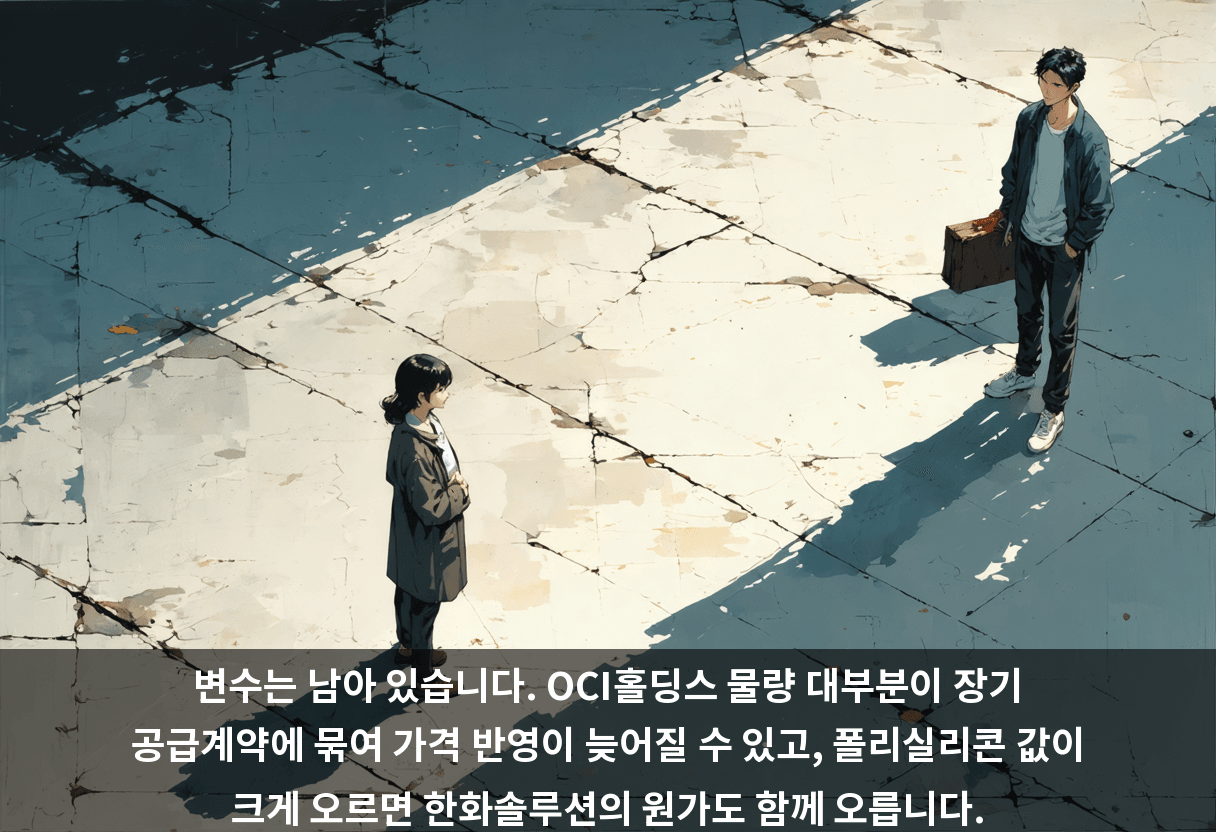 변수는 남아 있습니다. OCI홀딩스 물량 대부분이 장기 공급계약에 묶여 가격 반영이 늦어질 수 있고, 폴리실리콘 값이 크게 오르면 한화솔루션의 원가도 함께 오릅니다.