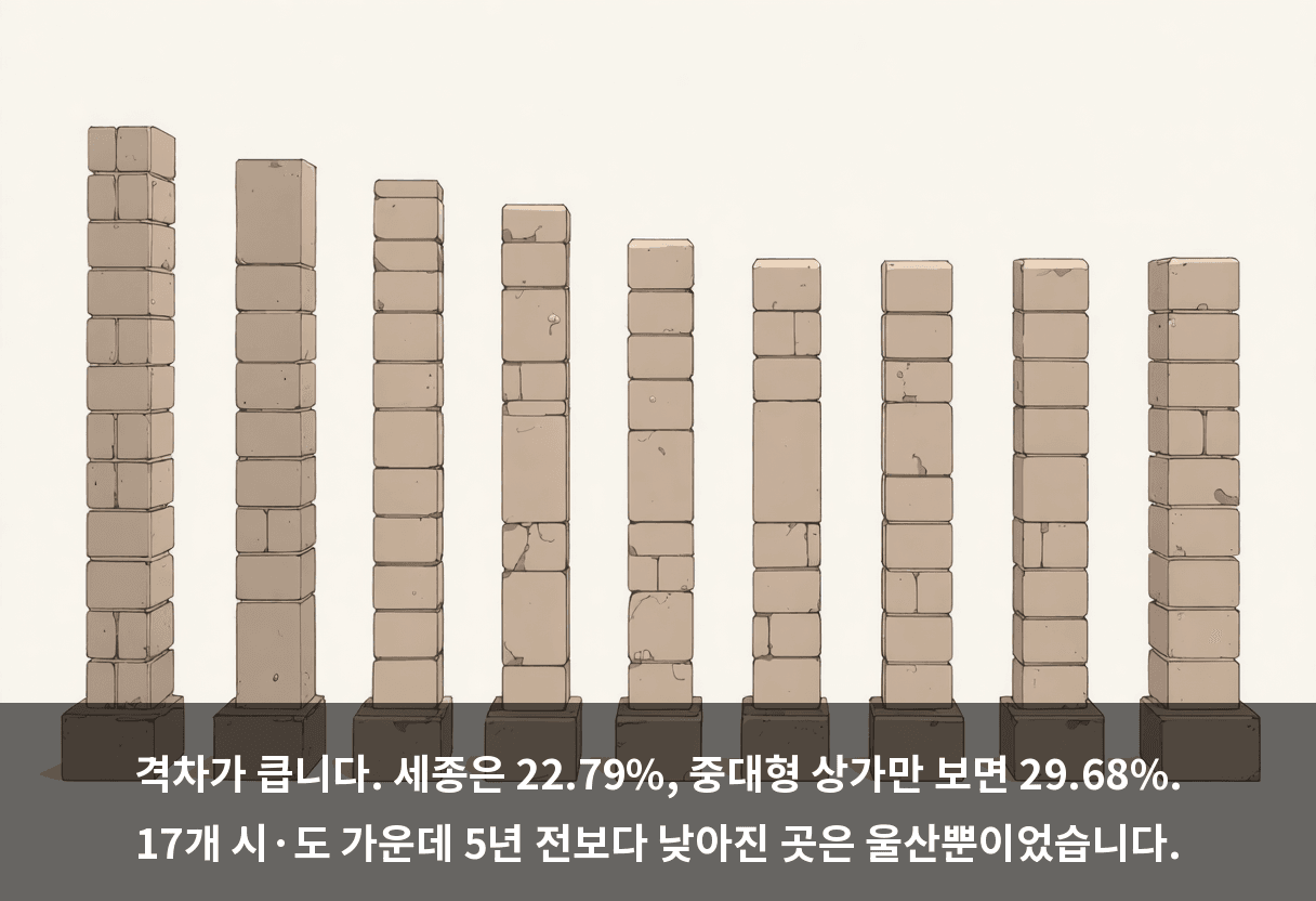 격차가 큽니다. 세종은 22.79%, 중대형 상가만 보면 29.68%. 17개 시·도 가운데 5년 전보다 낮아진 곳은 울산뿐이었습니다.