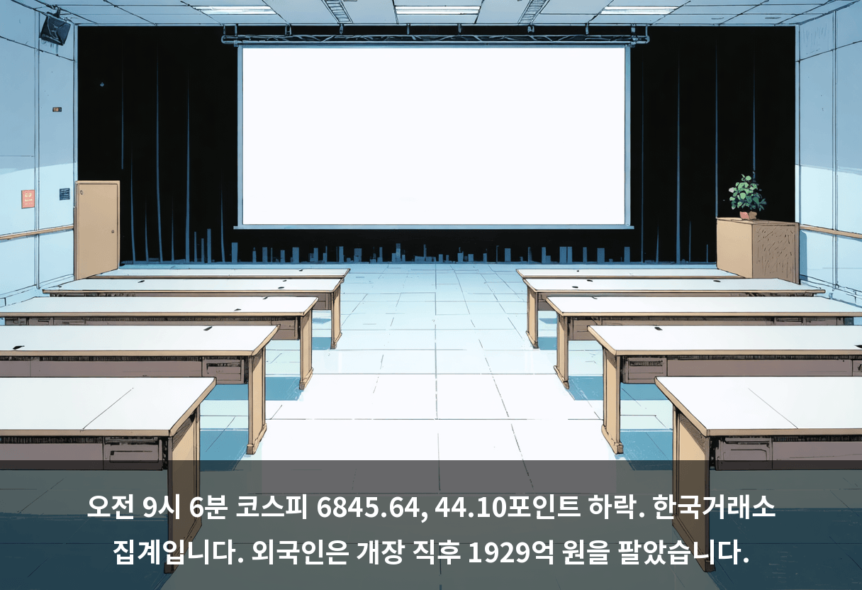 오전 9시 6분 코스피 6845.64, 44.10포인트 하락. 한국거래소 집계입니다. 외국인은 개장 직후 1929억 원을 팔았습니다.