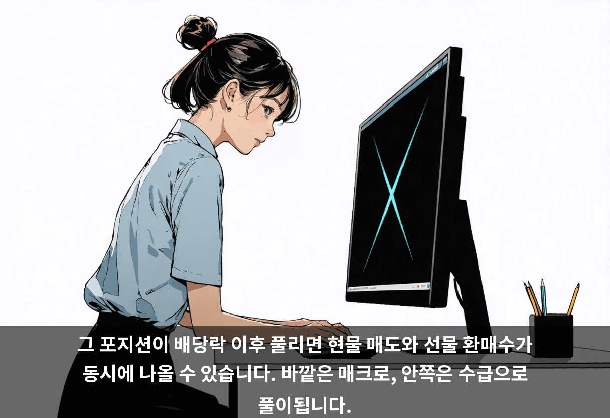 그 포지션이 배당락 이후 풀리면 현물 매도와 선물 환매수가 동시에 나올 수 있습니다. 바깥은 매크로, 안쪽은 수급으로 풀이됩니다.
