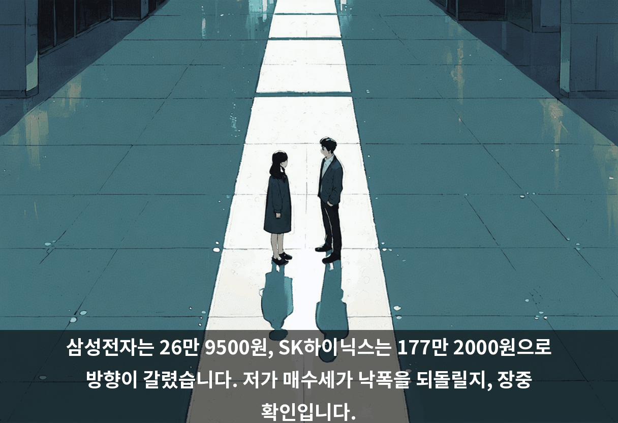 삼성전자는 26만 9500원, SK하이닉스는 177만 2000원으로 방향이 갈렸습니다. 저가 매수세가 낙폭을 되돌릴지, 장중 확인입니다.