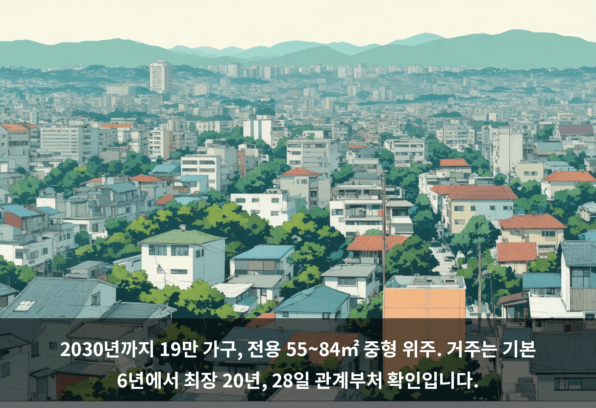 2030년까지 19만 가구, 전용 55~84㎡ 중형 위주. 거주는 기본 6년에서 최장 20년, 28일 관계부처 확인입니다.