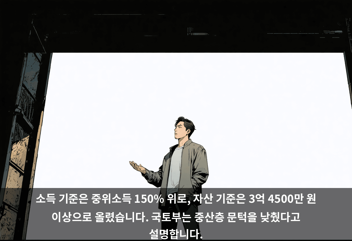 소득 기준은 중위소득 150% 위로, 자산 기준은 3억 4500만 원 이상으로 올렸습니다. 국토부는 중산층 문턱을 낮췄다고 설명합니다.