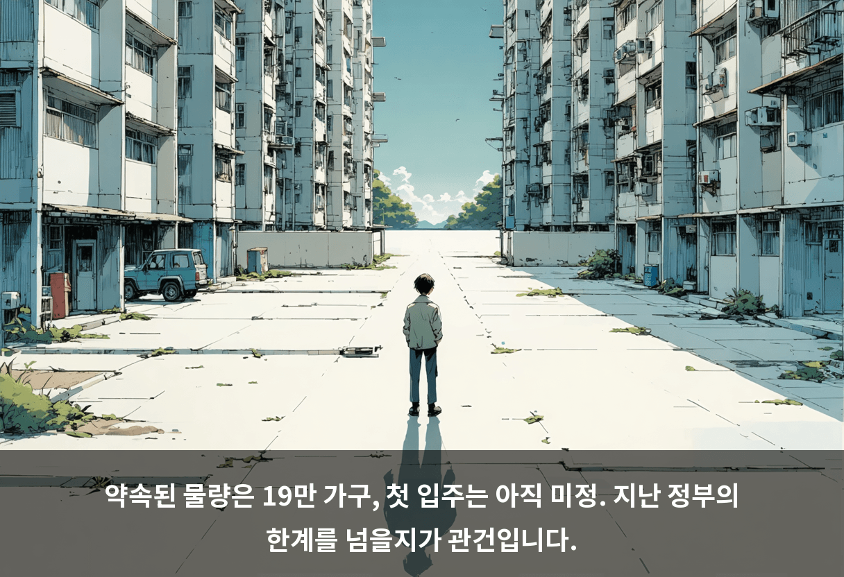 약속된 물량은 19만 가구, 첫 입주는 아직 미정. 지난 정부의 한계를 넘을지가 관건입니다.