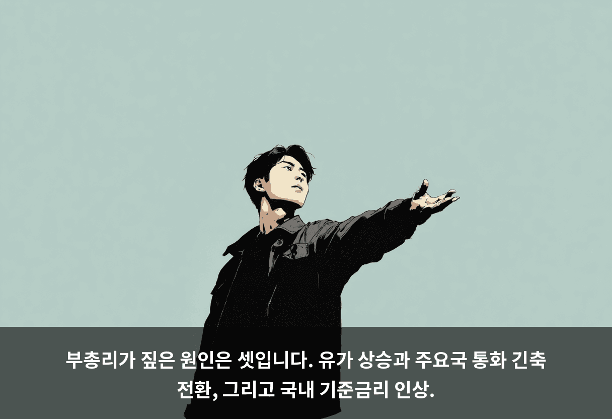 부총리가 짚은 원인은 셋입니다. 유가 상승과 주요국 통화 긴축 전환, 그리고 국내 기준금리 인상.