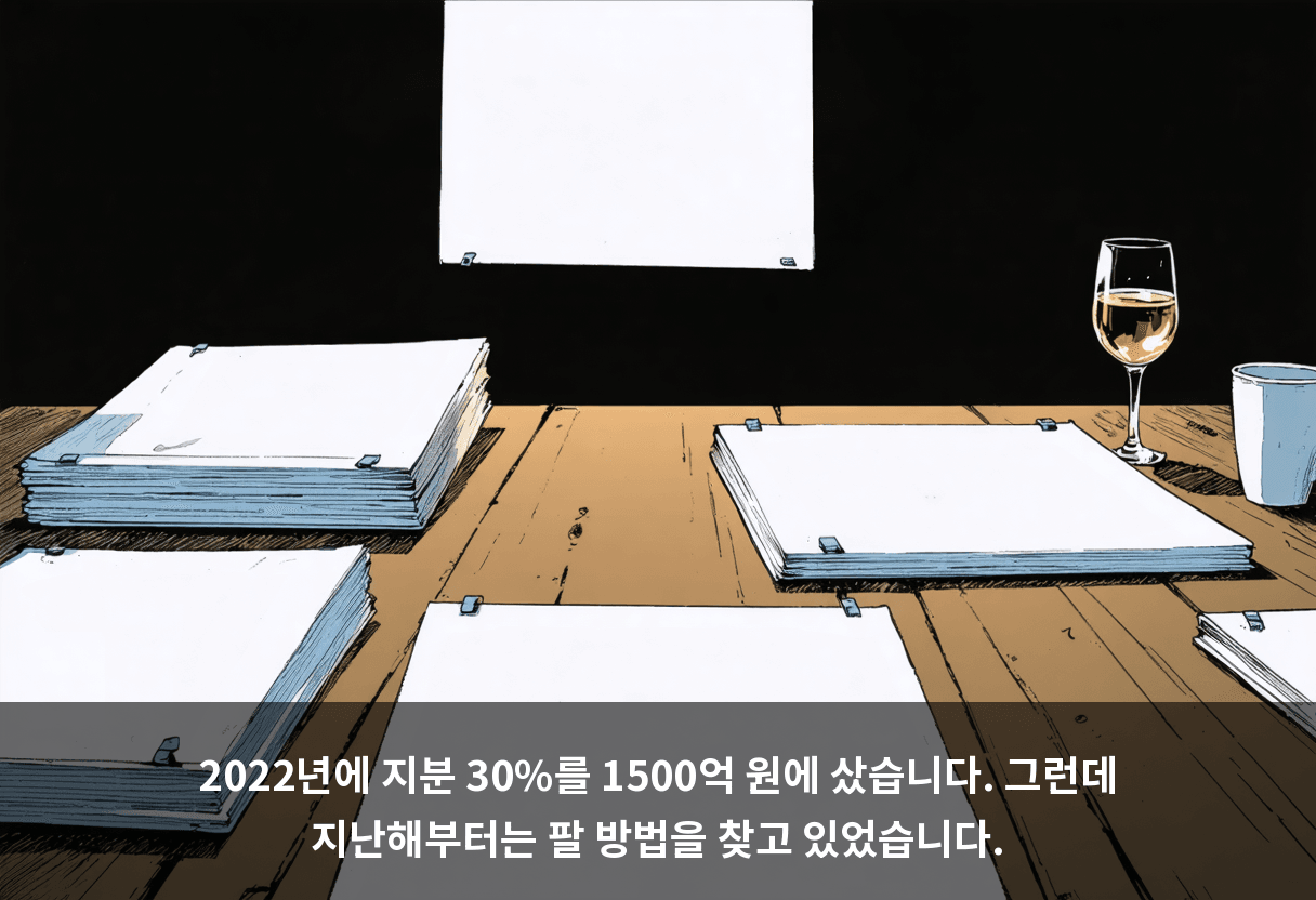 2022년에 지분 30%를 1500억 원에 샀습니다. 그런데 지난해부터는 팔 방법을 찾고 있었습니다.