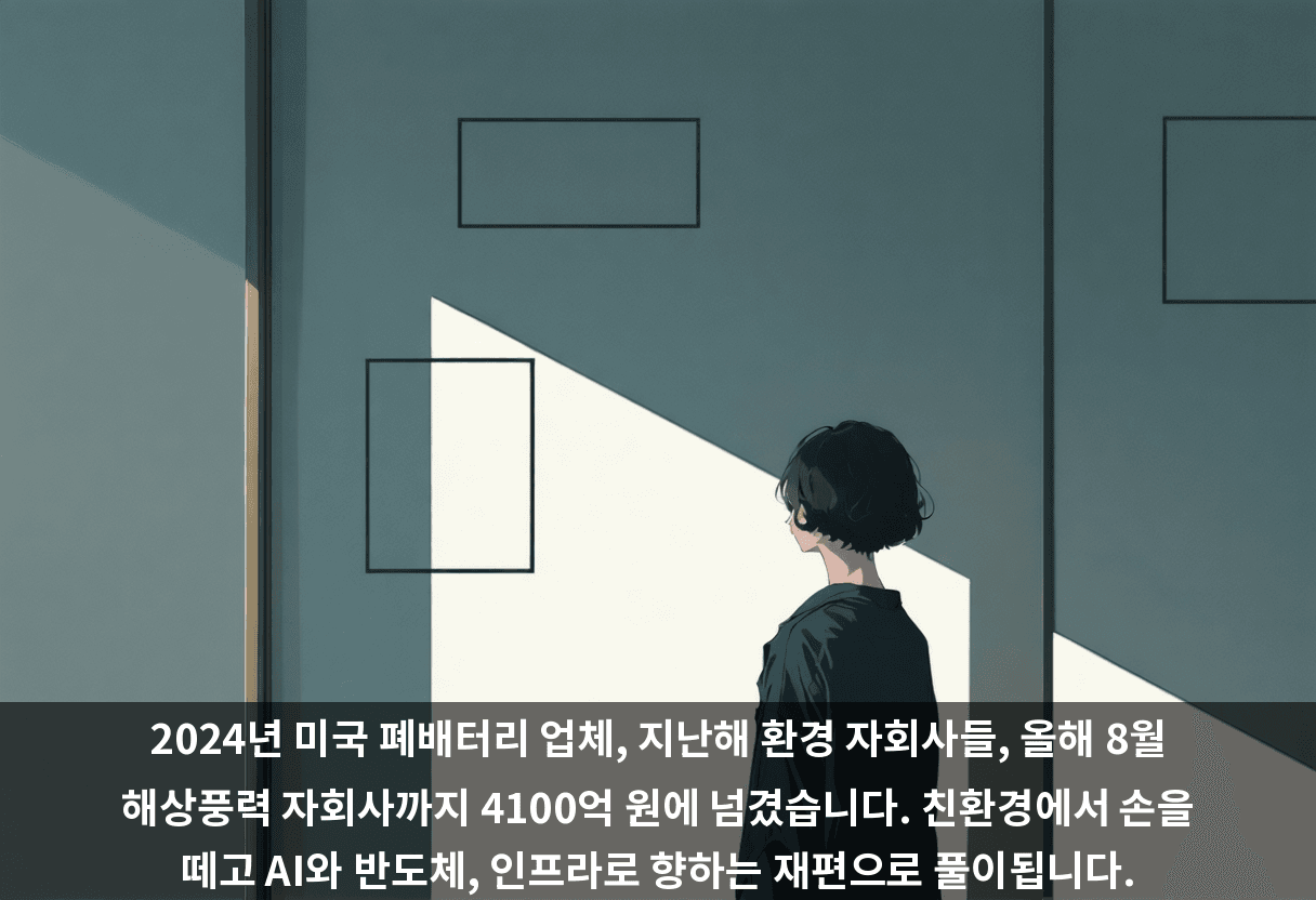 2024년 미국 폐배터리 업체, 지난해 환경 자회사들, 올해 8월 해상풍력 자회사까지 4100억 원에 넘겼습니다. 친환경에서 손을 떼고 AI와 반도체, 인프라로 향하는 재편으로 풀이됩니다.