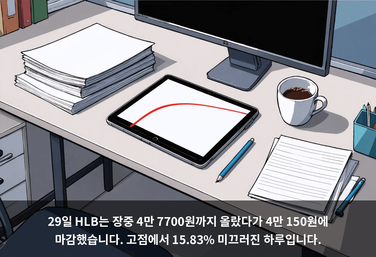 29일 HLB는 장중 4만 7700원까지 올랐다가 4만 150원에 마감했습니다. 고점에서 15.83% 미끄러진 하루입니다.