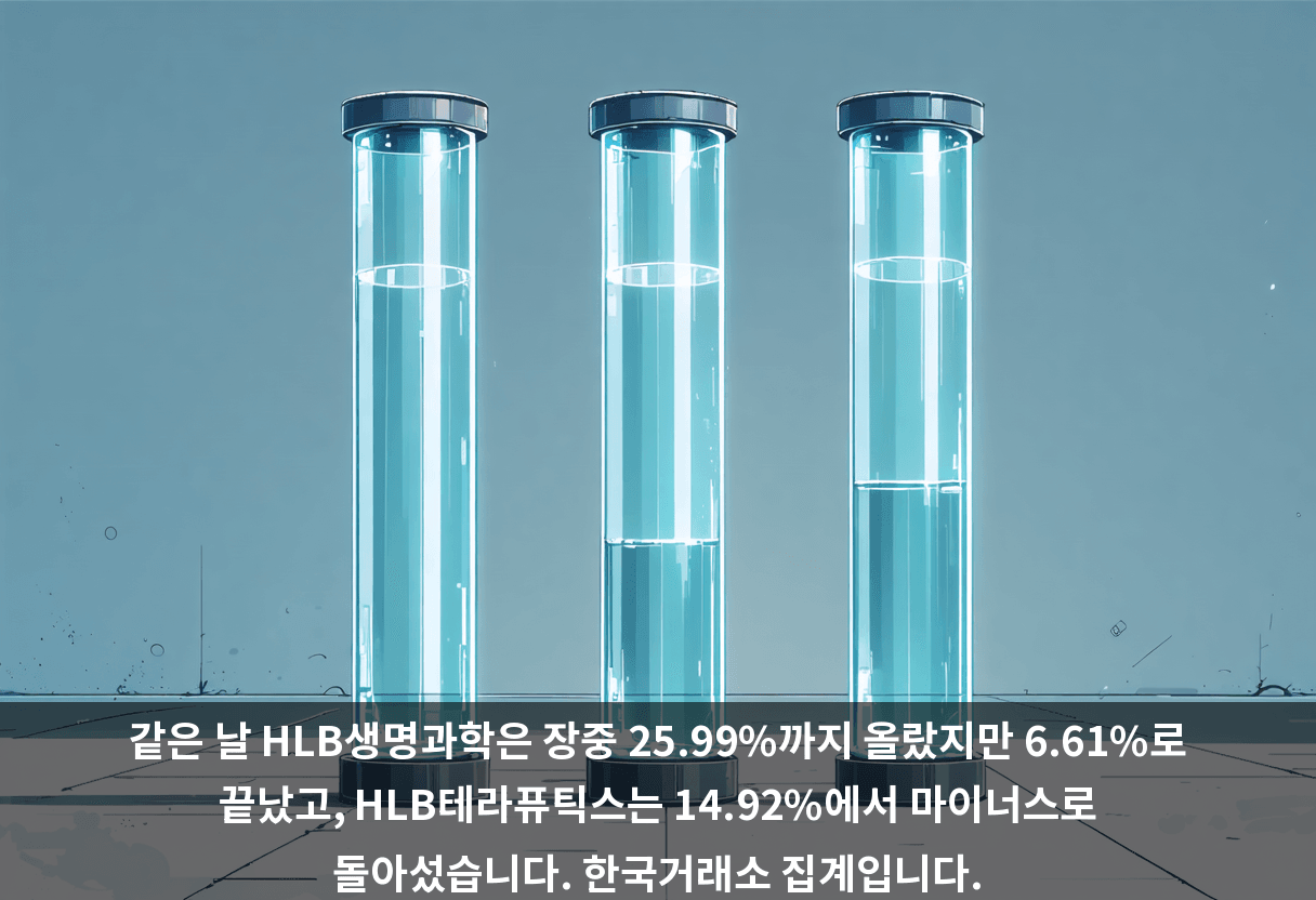 같은 날 HLB생명과학은 장중 25.99%까지 올랐지만 6.61%로 끝났고, HLB테라퓨틱스는 14.92%에서 마이너스로 돌아섰습니다. 한국거래소 집계입니다.