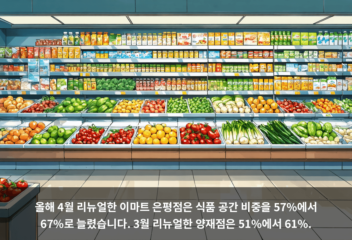 올해 4월 리뉴얼한 이마트 은평점은 식품 공간 비중을 57%에서 67%로 늘렸습니다. 3월 리뉴얼한 양재점은 51%에서 61%.