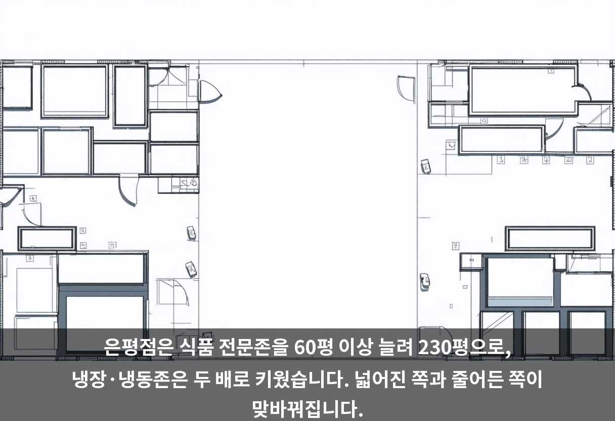은평점은 식품 전문존을 60평 이상 늘려 230평으로, 냉장·냉동존은 두 배로 키웠습니다. 넓어진 쪽과 줄어든 쪽이 맞바꿔집니다.