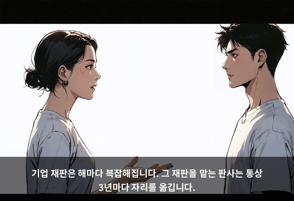 기업 재판은 해마다 복잡해집니다. 그 재판을 맡는 판사는 통상 3년마다 자리를 옮깁니다.