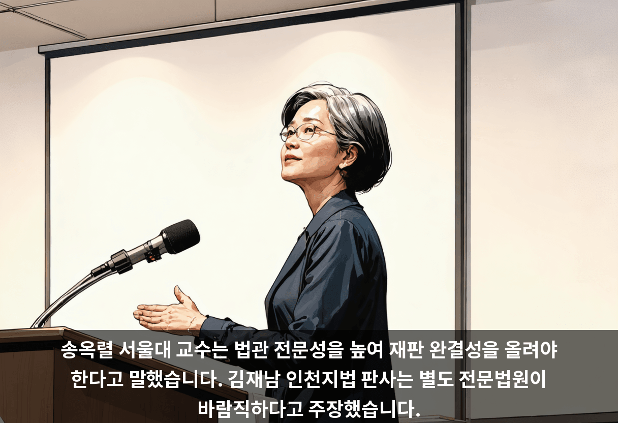 송옥렬 서울대 교수는 법관 전문성을 높여 재판 완결성을 올려야 한다고 말했습니다. 김재남 인천지법 판사는 별도 전문법원이 바람직하다고 주장했습니다.