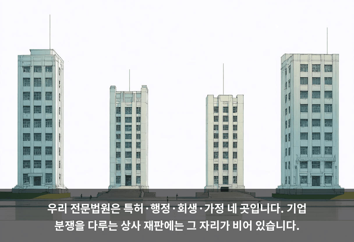 우리 전문법원은 특허·행정·회생·가정 네 곳입니다. 기업 분쟁을 다루는 상사 재판에는 그 자리가 비어 있습니다.