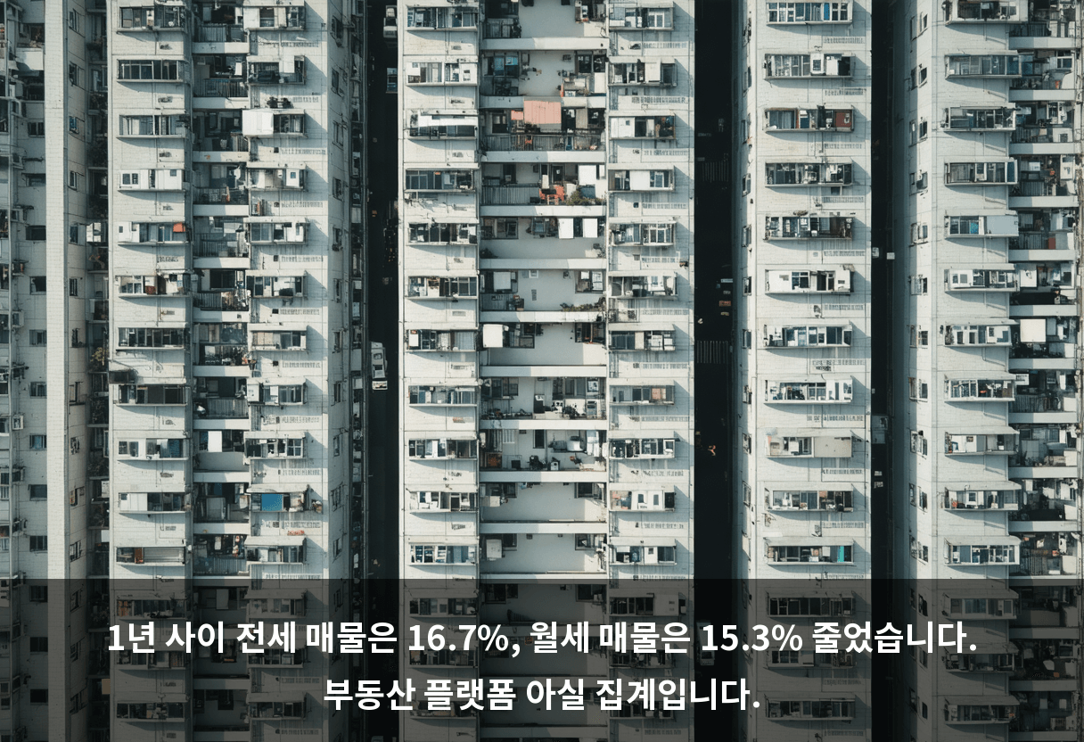 1년 사이 전세 매물은 16.7%, 월세 매물은 15.3% 줄었습니다. 부동산 플랫폼 아실 집계입니다.