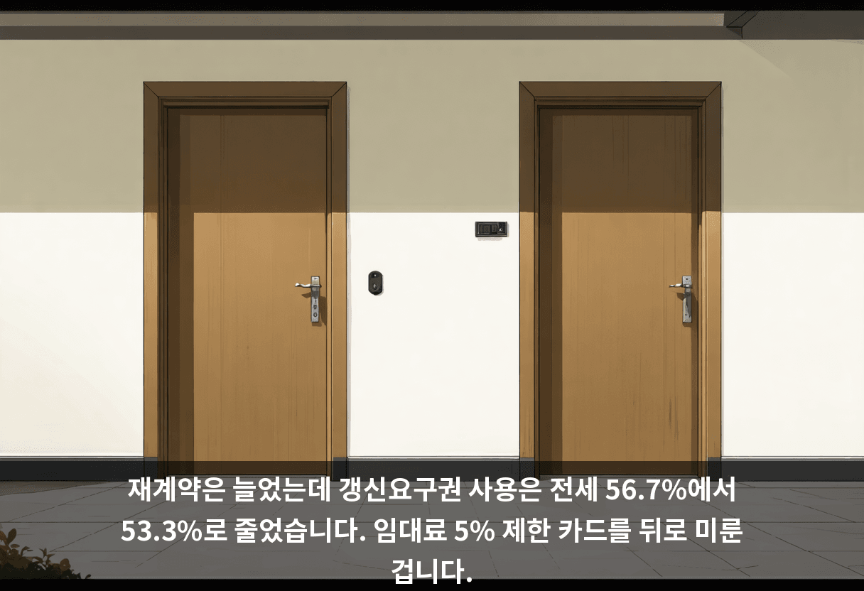 재계약은 늘었는데 갱신요구권 사용은 전세 56.7%에서 53.3%로 줄었습니다. 임대료 5% 제한 카드를 뒤로 미룬 겁니다.