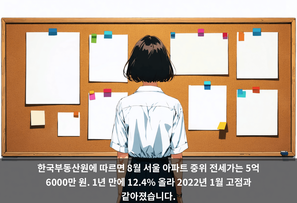 한국부동산원에 따르면 8월 서울 아파트 중위 전세가는 5억 6000만 원. 1년 만에 12.4% 올라 2022년 1월 고점과 같아졌습니다.