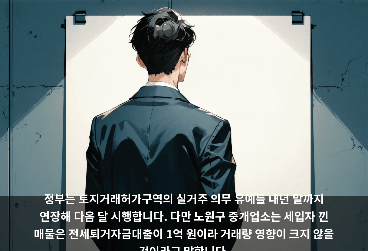 정부는 토지거래허가구역의 실거주 의무 유예를 내년 말까지 연장해 다음 달 시행합니다. 다만 노원구 중개업소는 세입자 낀 매물은 전세퇴거자금대출이 1억 원이라 거래량 영향이 크지 않을 것이라고 말합니다.