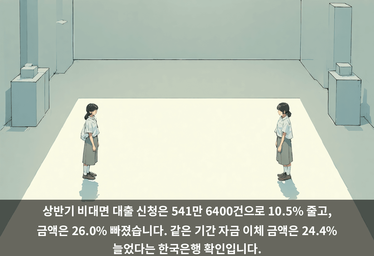 상반기 비대면 대출 신청은 541만 6400건으로 10.5% 줄고, 금액은 26.0% 빠졌습니다. 같은 기간 자금 이체 금액은 24.4% 늘었다는 한국은행 확인입니다.