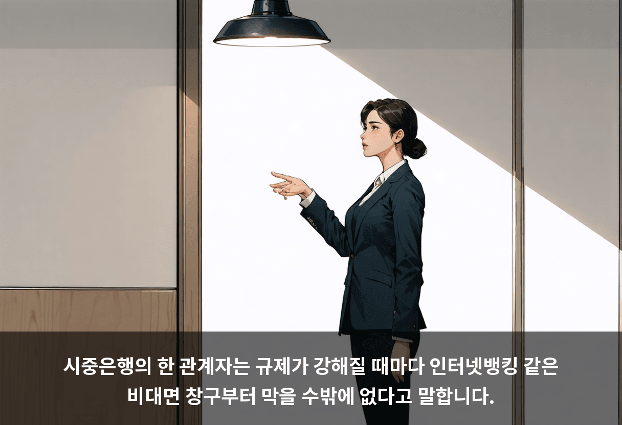 시중은행의 한 관계자는 규제가 강해질 때마다 인터넷뱅킹 같은 비대면 창구부터 막을 수밖에 없다고 말합니다.