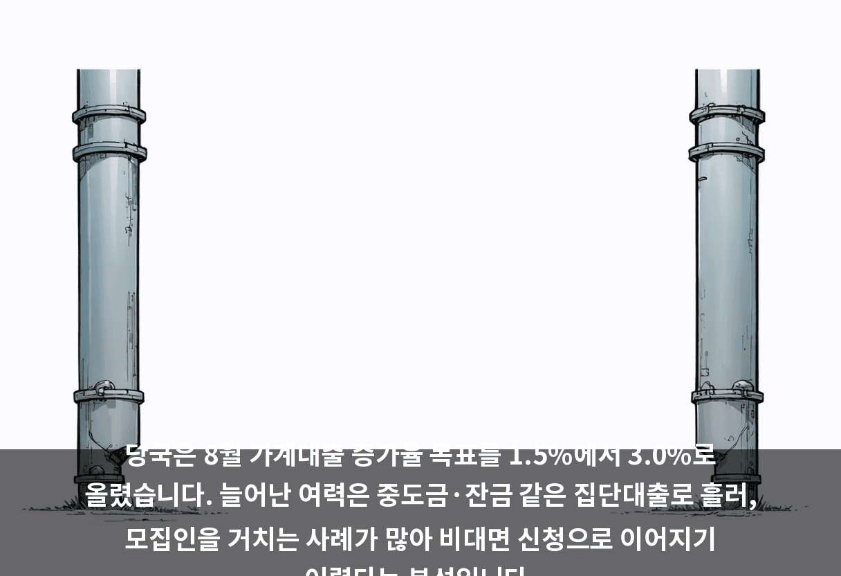 당국은 8월 가계대출 증가율 목표를 1.5%에서 3.0%로 올렸습니다. 늘어난 여력은 중도금·잔금 같은 집단대출로 흘러, 모집인을 거치는 사례가 많아 비대면 신청으로 이어지기 어렵다는 분석입니다.