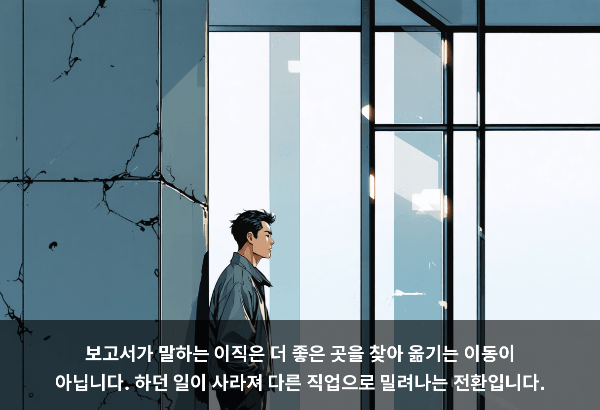 보고서가 말하는 이직은 더 좋은 곳을 찾아 옮기는 이동이 아닙니다. 하던 일이 사라져 다른 직업으로 밀려나는 전환입니다.