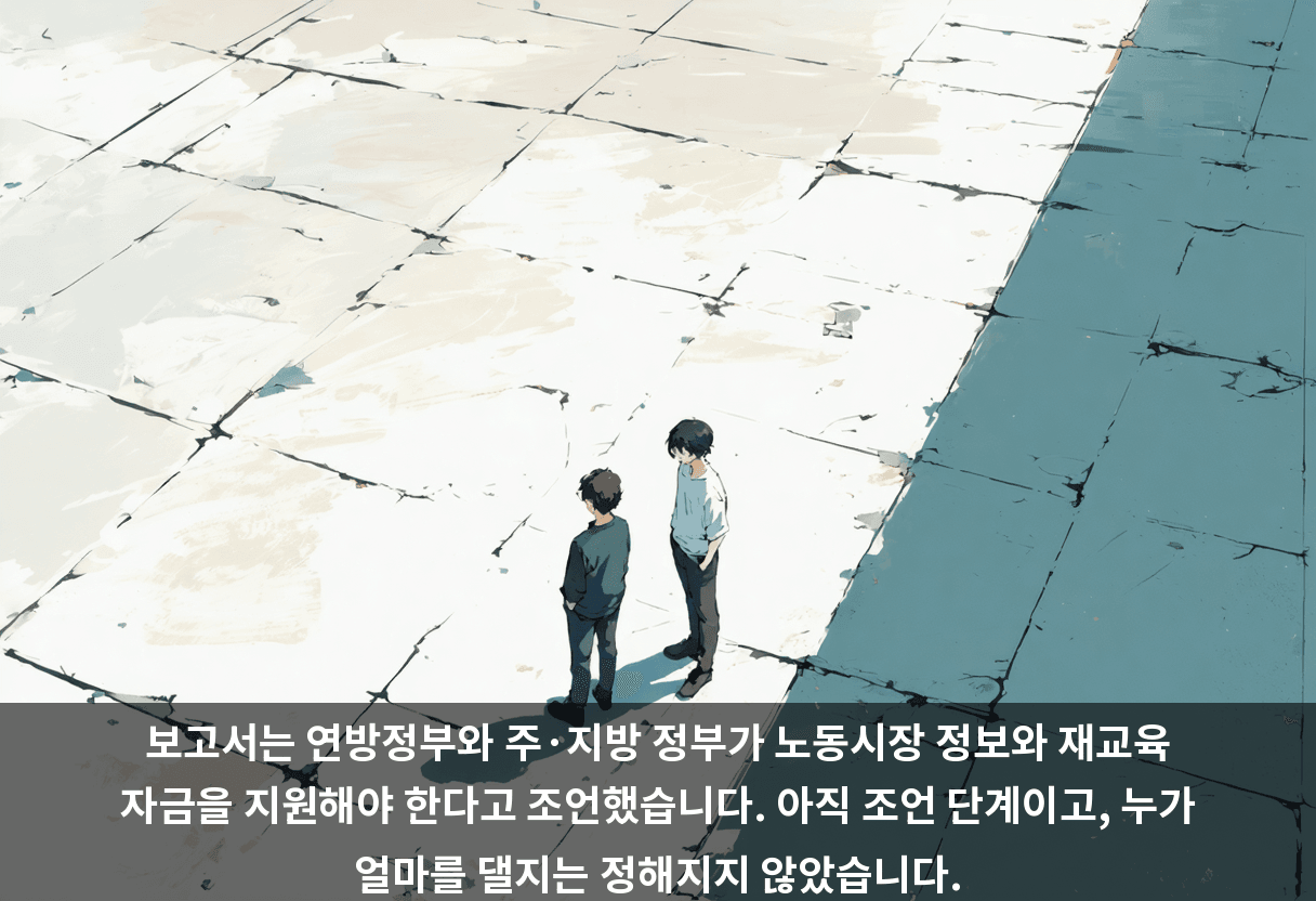 보고서는 연방정부와 주·지방 정부가 노동시장 정보와 재교육 자금을 지원해야 한다고 조언했습니다. 아직 조언 단계이고, 누가 얼마를 댈지는 정해지지 않았습니다.