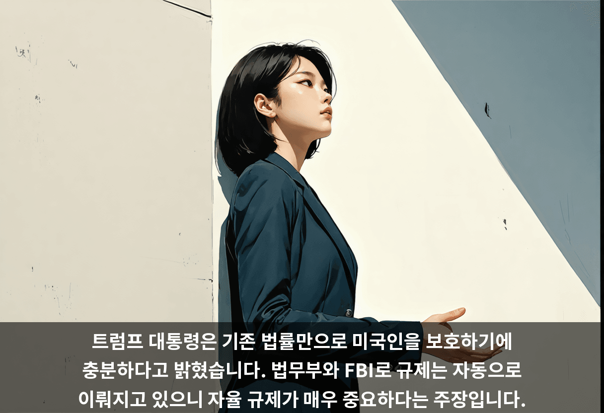 트럼프 대통령은 기존 법률만으로 미국인을 보호하기에 충분하다고 밝혔습니다. 법무부와 FBI로 규제는 자동으로 이뤄지고 있으니 자율 규제가 매우 중요하다는 주장입니다.