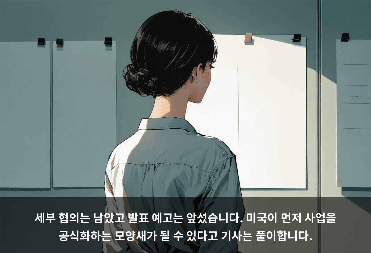세부 협의는 남았고 발표 예고는 앞섰습니다. 미국이 먼저 사업을 공식화하는 모양새가 될 수 있다고 기사는 풀이합니다.