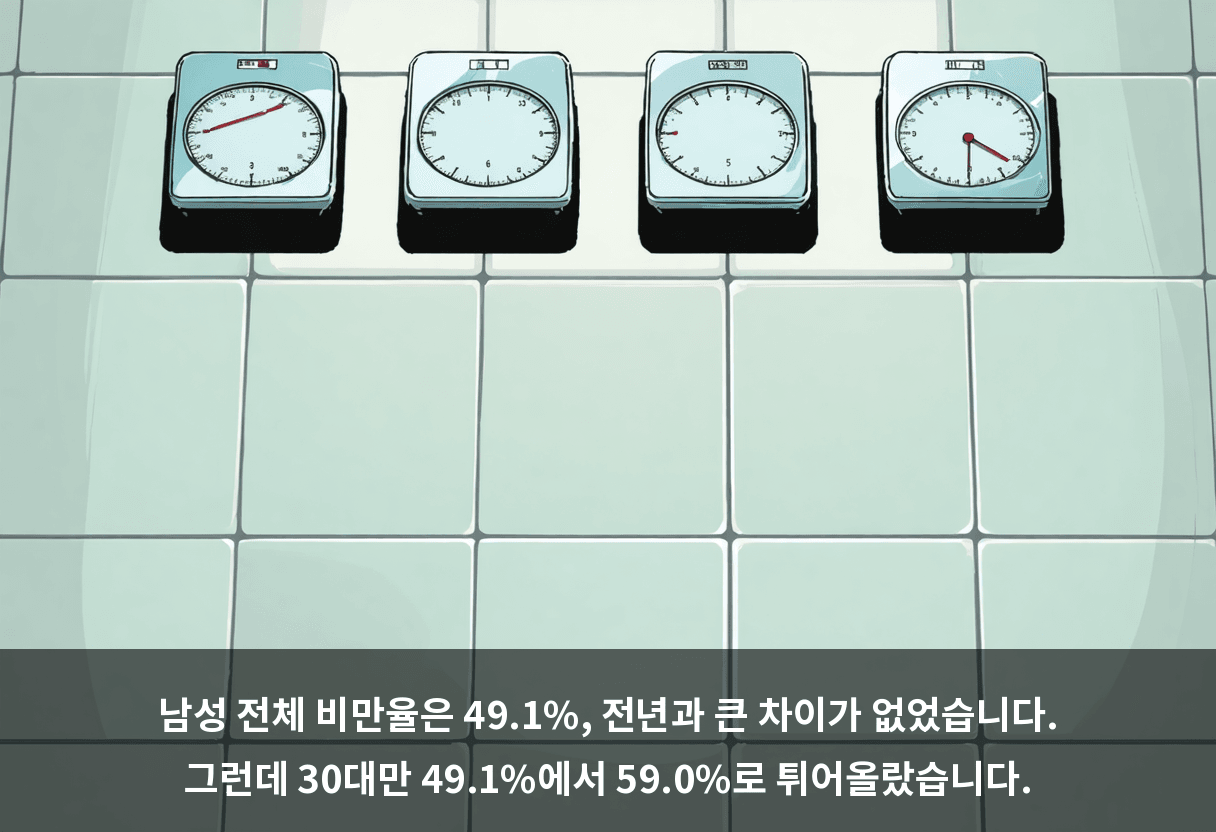 남성 전체 비만율은 49.1%, 전년과 큰 차이가 없었습니다. 그런데 30대만 49.1%에서 59.0%로 튀어올랐습니다.