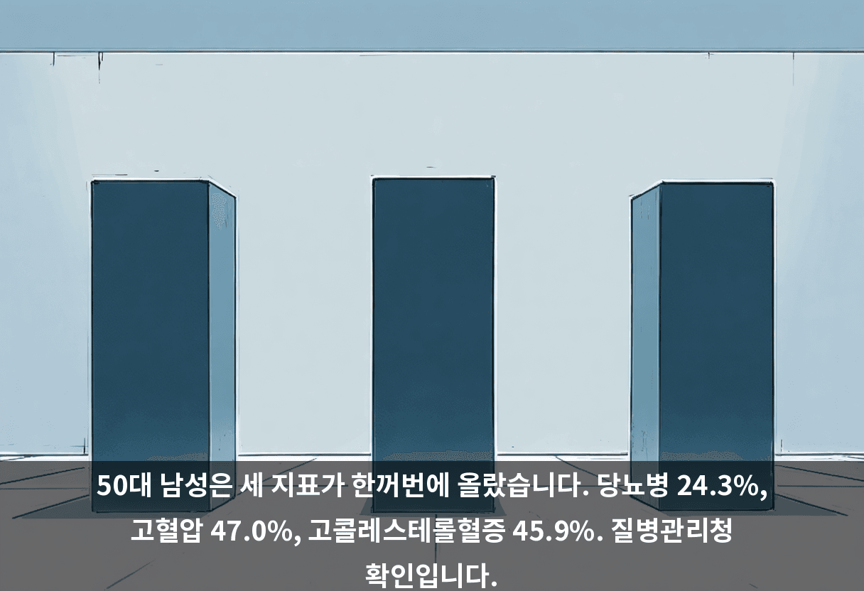 50대 남성은 세 지표가 한꺼번에 올랐습니다. 당뇨병 24.3%, 고혈압 47.0%, 고콜레스테롤혈증 45.9%. 질병관리청 확인입니다.