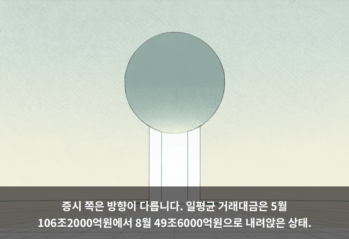 증시 쪽은 방향이 다릅니다. 일평균 거래대금은 5월 106조2000억원에서 8월 49조6000억원으로 내려앉은 상태.