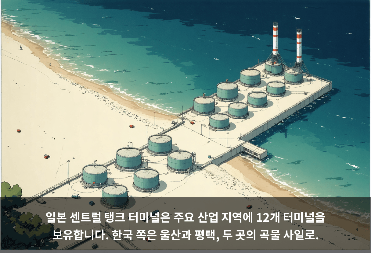 일본 센트럴 탱크 터미널은 주요 산업 지역에 12개 터미널을 보유합니다. 한국 쪽은 울산과 평택, 두 곳의 곡물 사일로.