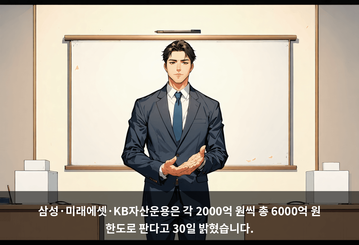 삼성·미래에셋·KB자산운용은 각 2000억 원씩 총 6000억 원 한도로 판다고 30일 밝혔습니다.