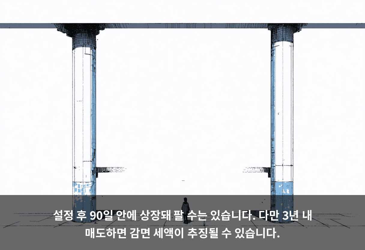 설정 후 90일 안에 상장돼 팔 수는 있습니다. 다만 3년 내 매도하면 감면 세액이 추징될 수 있습니다.