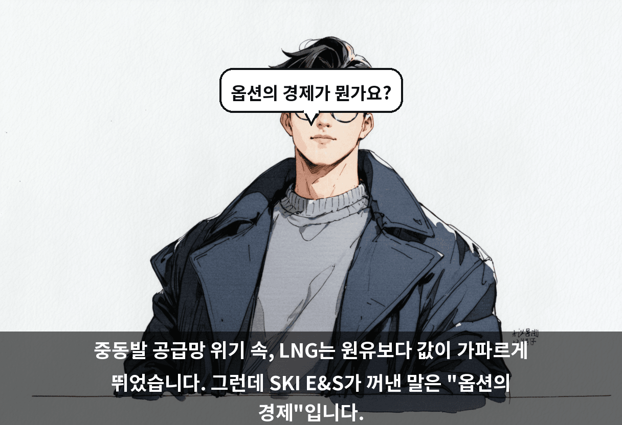 중동발 공급망 위기 속, LNG는 원유보다 값이 가파르게 뛰었습니다. 그런데 SKI E&S가 꺼낸 말은 "옵션의 경제"입니다.